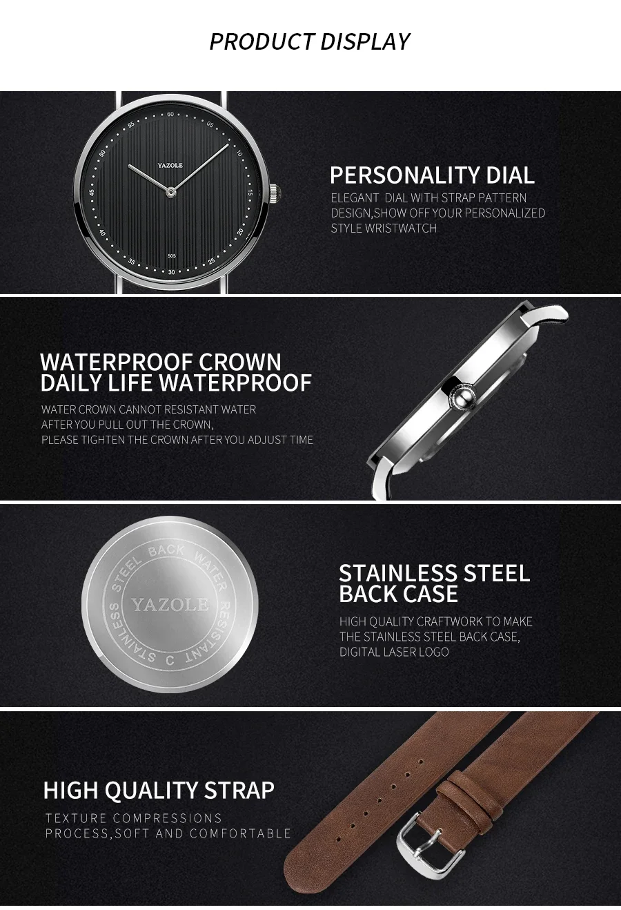 YAZOLEメンズ腕時計 クラシック ブラック ブラウン クォーツ腕時計 メンズ レディース レジャー シンプル メンズウォッチ クロック ギフト メンズ腕時計