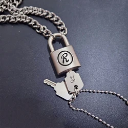 Unique design novel shape glossy and Simpli silvery keylock men pendant charms black border letter R necklace gentleman's jewelr
