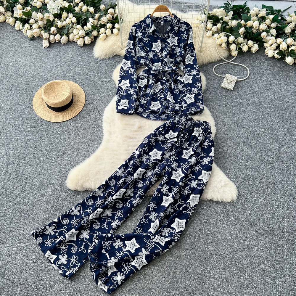 

Two Pieces Women Pant Sets Print Matching Set Lace Up Long Sleeve Shirt Drawstring Waist Wide Leg Pants Loose Casual 2025 Autumn