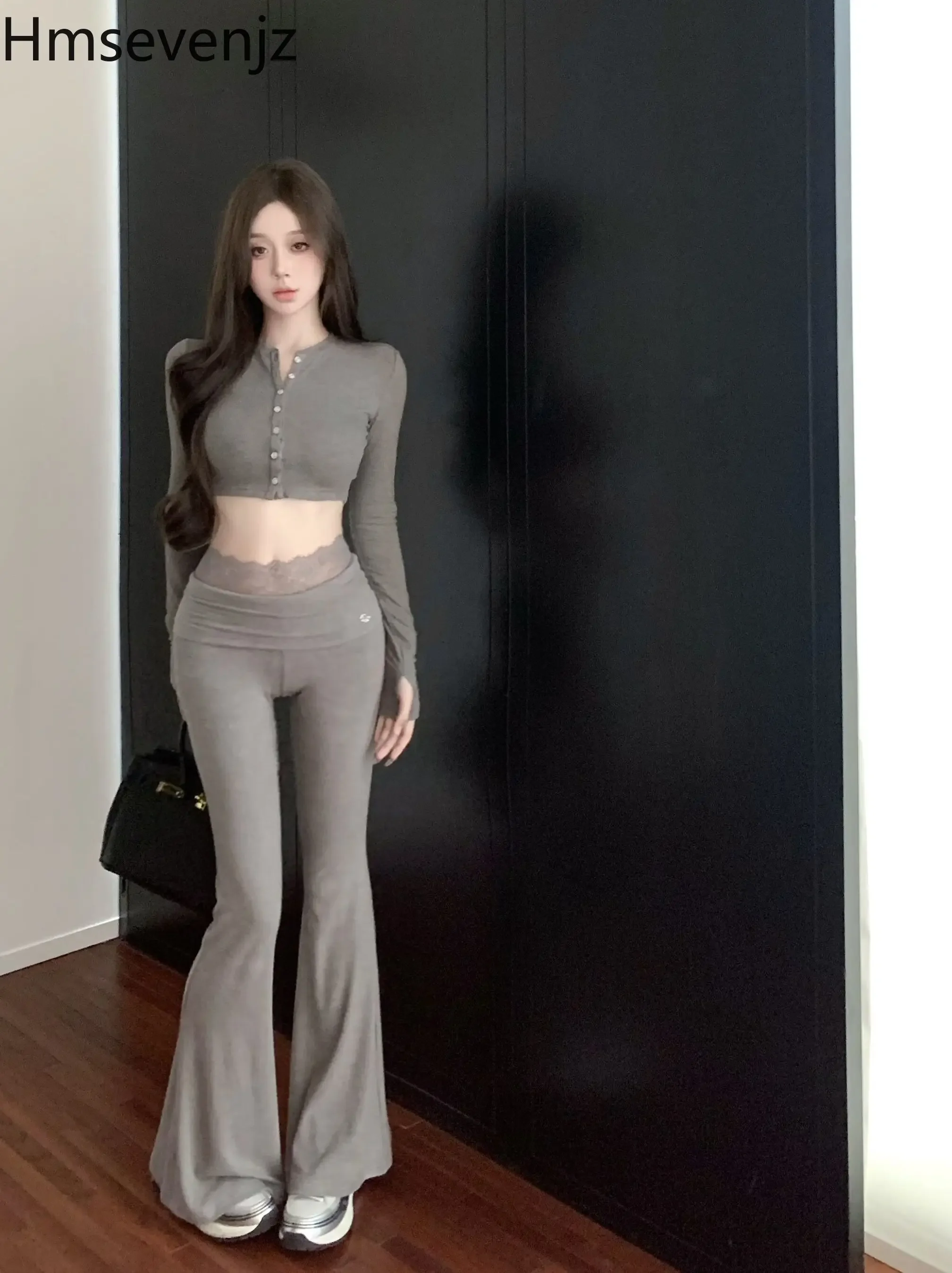 Conjunto de dos piezas de moda francesa para mujer, trajes informales y de estilo perezoso, Top corto con cintura ajustada, pantalones largos de cintura alta