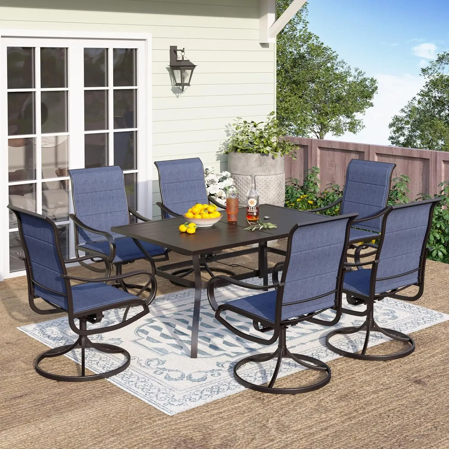 

7 Piece Patio Dining Set, 6 Outdoor Swivel Dining Chairs and Large Metal Table(1.57’’ Umbrella Hole), Outdoor All Weather Table