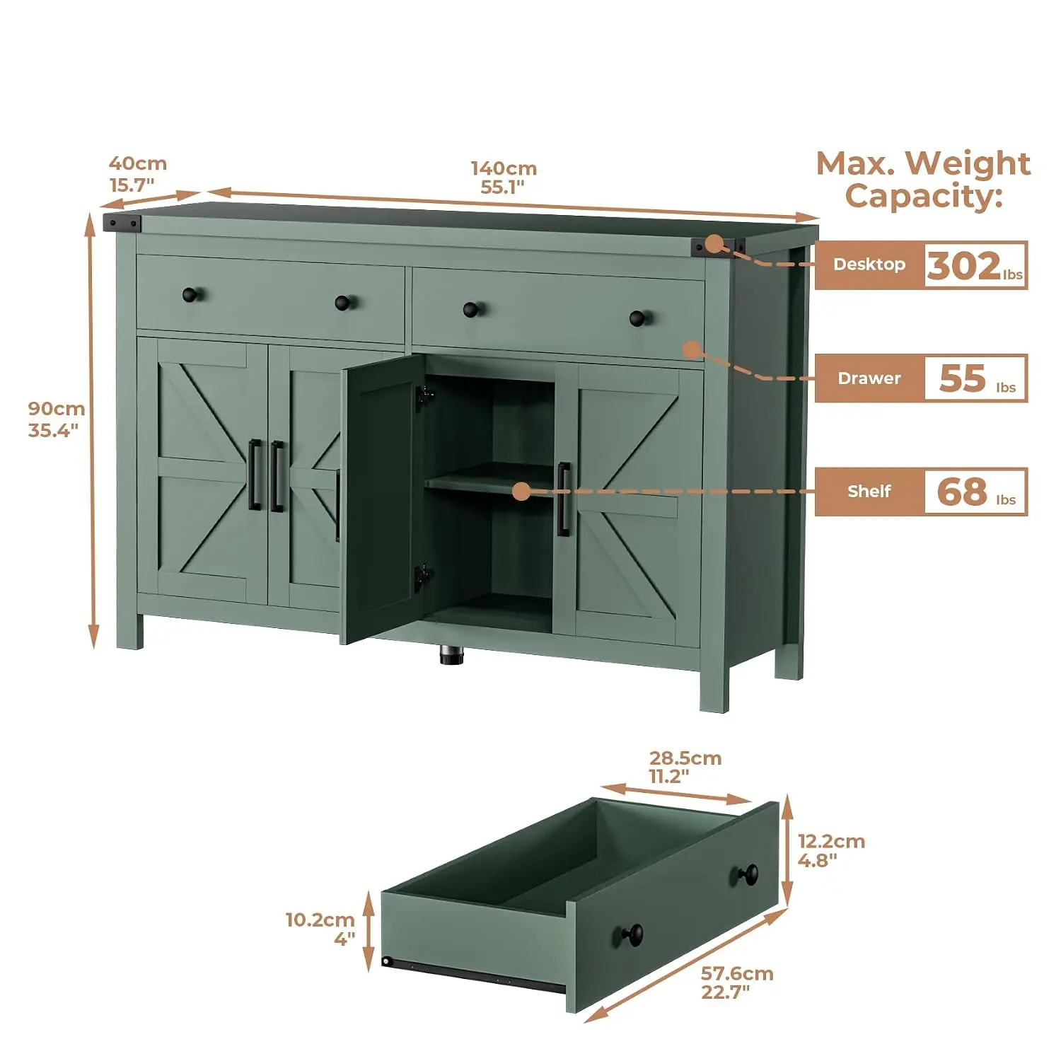 Buffet Cabinet with Storage Farmhouse with 4 Doors and 2 Drawers, 55'' Large Kitchen Storage Cabinet Green Wood Coffee Bar Buffe