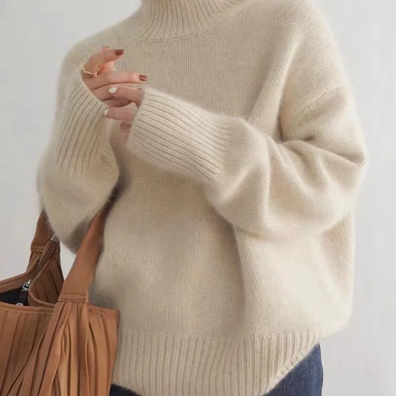 

Women's Cream Turtleneck Knit Sweater, Oversized Soft Cashmere-Like Pullover, Thick Warm Jumper for Fall & Winter Casual Wear