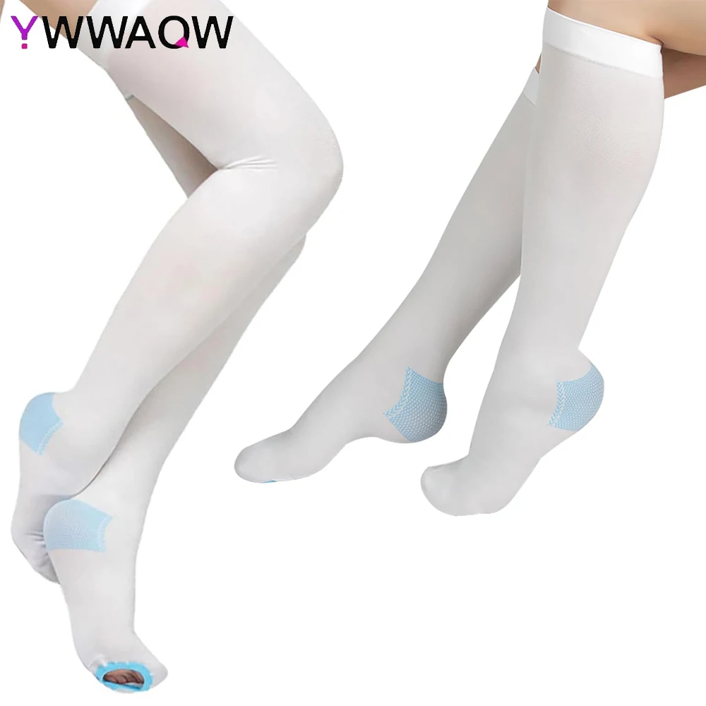 1Pair T.E.D. Anti Embolism Stockings Thigh High Knee High for Women Men, 15-21 MMHg Compression TED Hose with Inspect Toe Hole