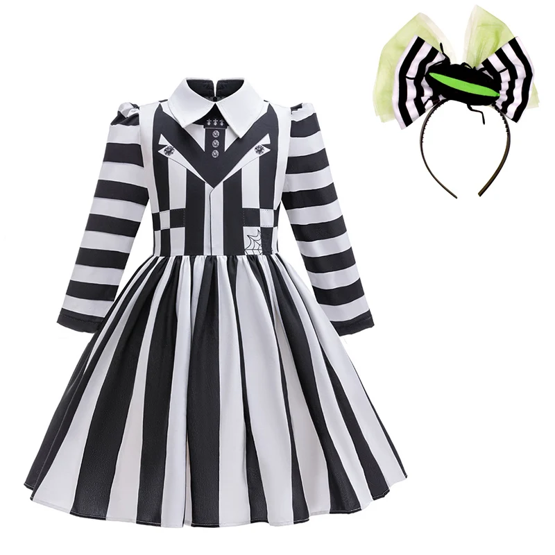 

Children's Halloween Birthday Party Cosplay Costume Girls Black And White Striped Princess Dresses With Hair Accessories