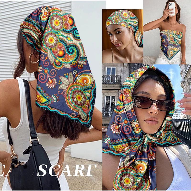 90cm Satin-Quadratschal für Damen, Vintage Paisley Blumenmuster Boho Mandala Kopftuch, Multifunktionales Bandana für Haar, Hals und als Neckholder-Top