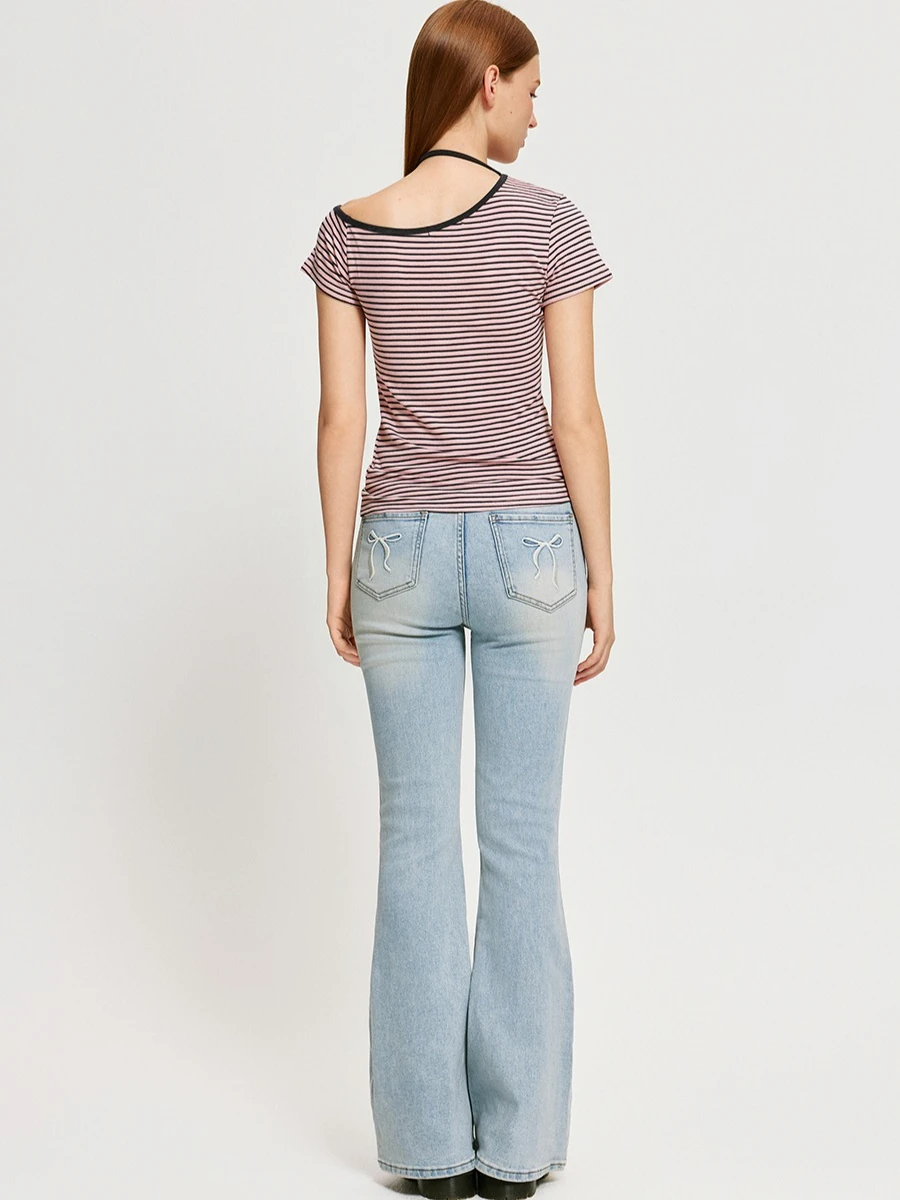 YESCCI Classic Jeans Autumn New Retro Sweet Bow Embroidery Women Pants Gradient Washed Gradient Color Denim Trousers S56440360