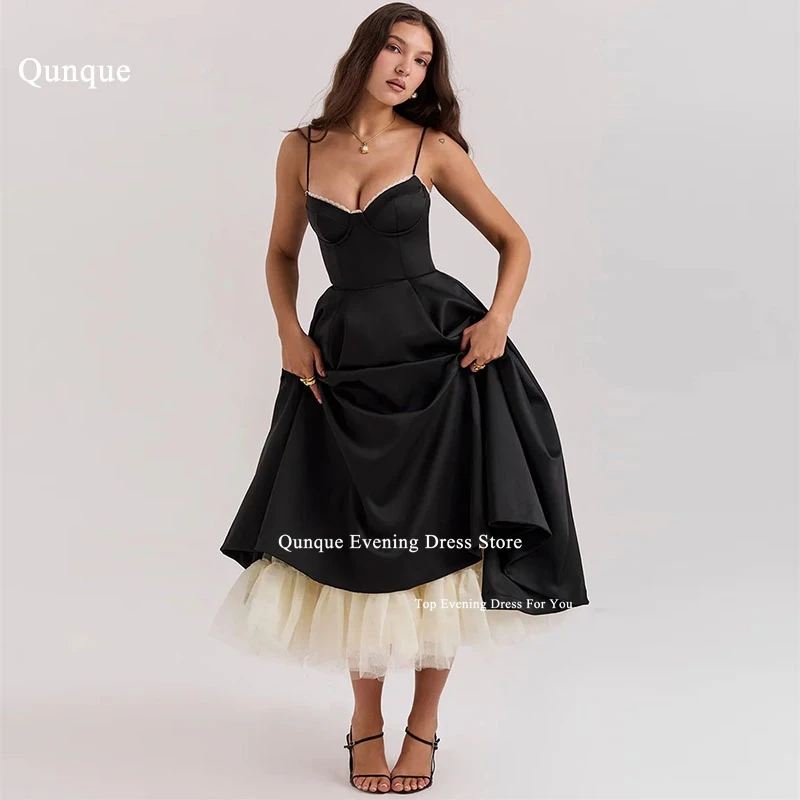 

Qunque Tea Length Spaghetti Straps Evening Dresses Sweetheart With Lace Vestidos De Fiesta Elegantes Formal Occasion Dresses