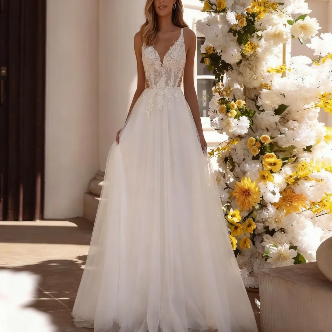 

Customized Elegant Spaghetti Straps Wedding Dresses Lace Appliques A-line Formal Bride Porm Party Gowns