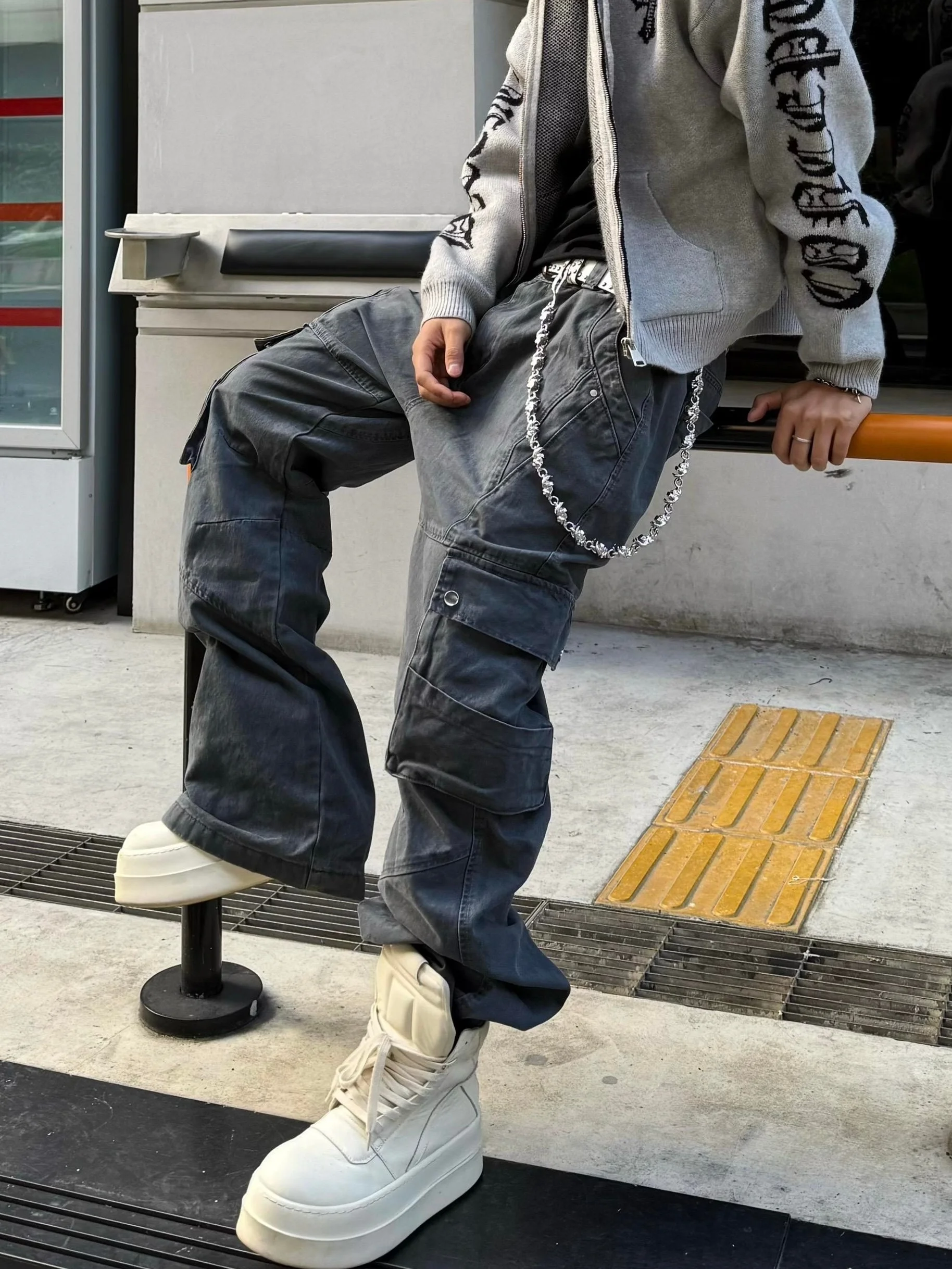 American Vibe Retro Street Patchwork Deconstructed Waed Work Trousers Men Straight Leg Micro Flared Slim Haome Heavy Lon...