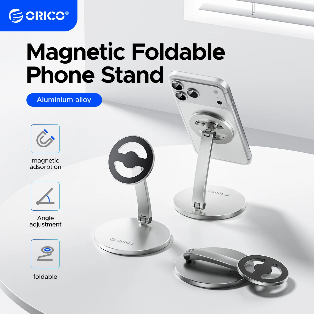 ORICO Magnetic Foldable Phone Stand with 360° Adjustable Strong Magnetic Panel for Office Study Entertainment and Travel