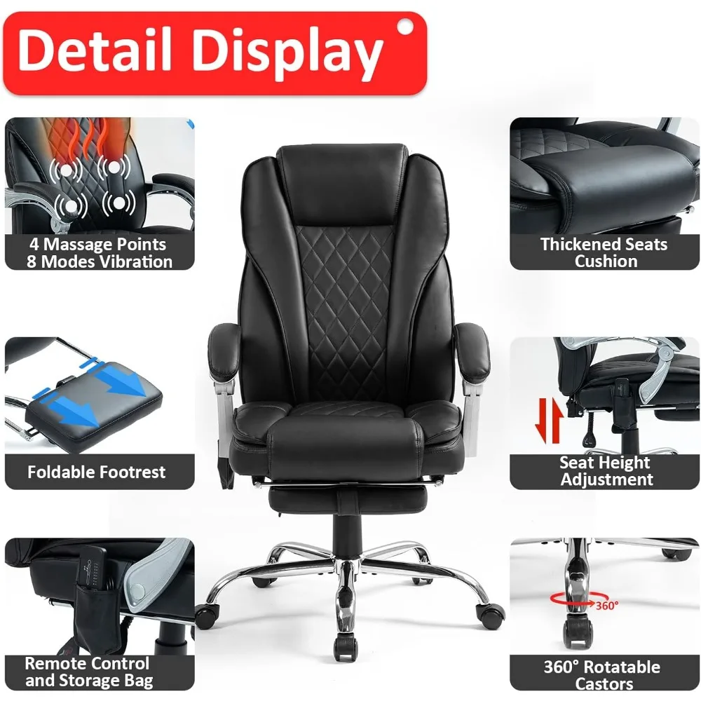 400lbs Executive lederen bureaustoel - Ergonomische ligstoel met massage, verwarming en voetsteun voor ultiem comfort-B