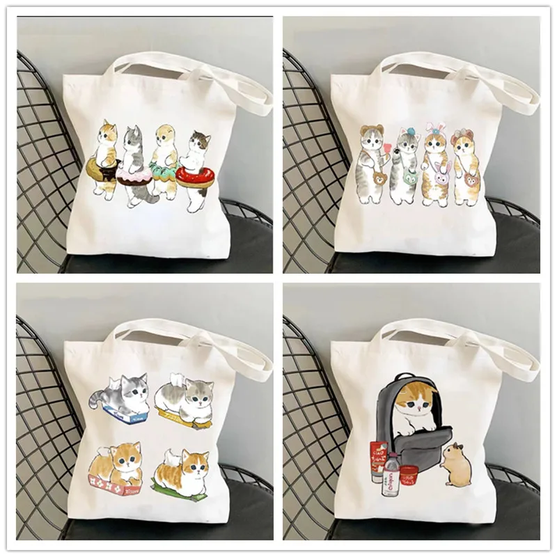 Kawail Cat Canvas Shopping Bag Graphic Harajuku Women Tote Handbag Large Capacity Women Shoulder Bags Eco Fashion Girls Handbags