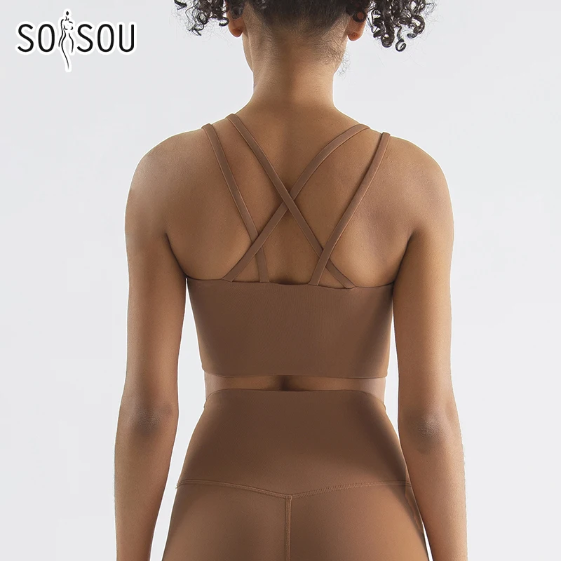 SOISOU-Sujetador deportivo de nailon para mujer, ropa interior Sexy con espalda cruzada elástica, para Yoga, gimnasio y Fitness