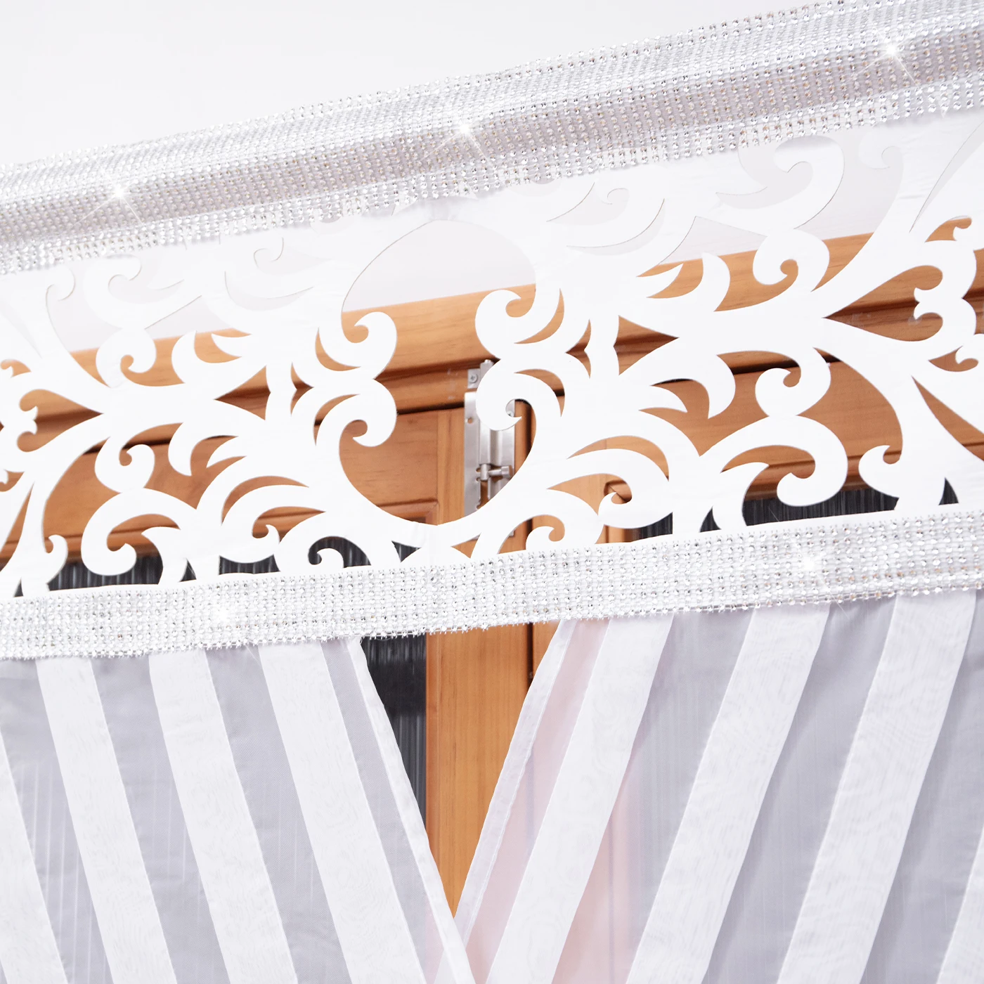 1PC Hollow Scroll Cutout Cafe Valance Curtain, Striped Light Filter Sheer Window Drape, For Kitchen, Sweet Housewarming Gift