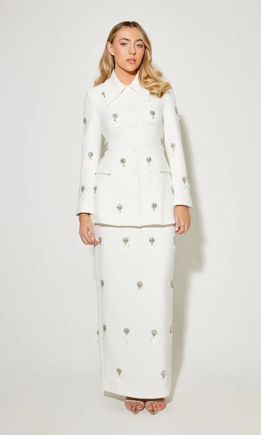 

Crystals White Women Suit Skirt Set 2 Piece Blazer+Prom Dress Customized Shiny Formal Guest Wedding Tuxedos Party Coat Jacket