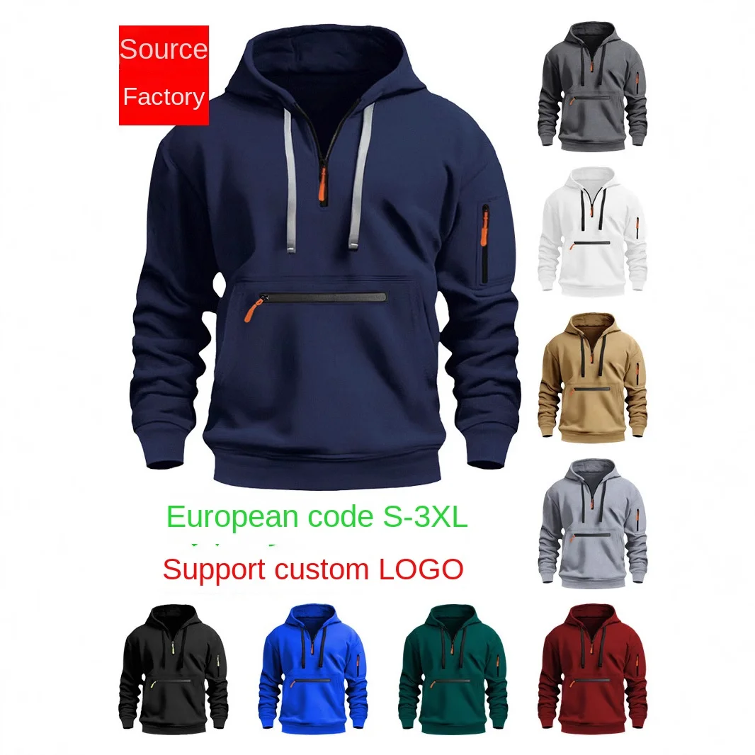 

2024 New Cross Border Mens Hoodie Mens V Neck Fleece Long Sleeve Sweatshirt with Arm Zip Pockets Casual Style