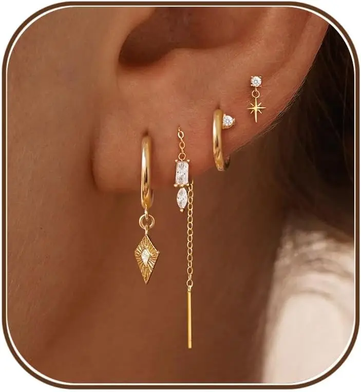Women Dainty Earring Stacks 14K Gold Plated Threader Chain Earrings Set Hypoallergenic Earrings Trendy Waterproof Gold Jewelry