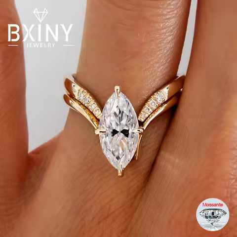 BXINY Marquise Cut Moissanite Ring Set S925 Silver Plate 18K Gold for Women GRA Certified Lab Diamond Wedding Band Gifts Jewelry
