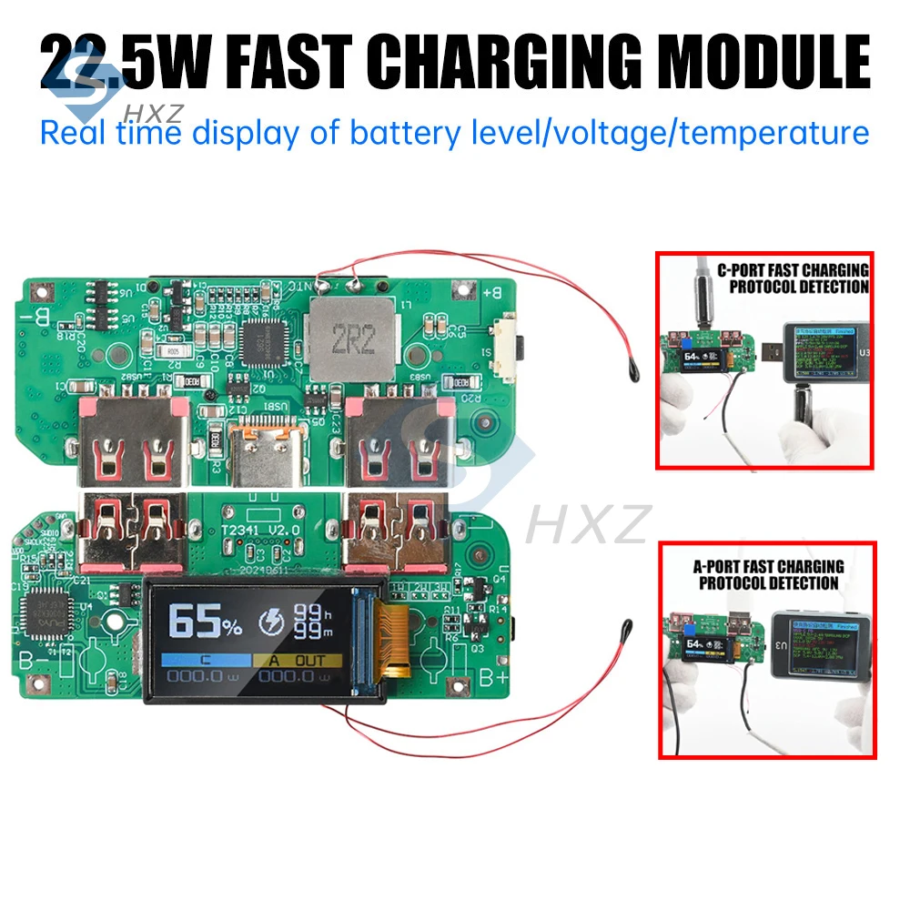 

22.5W PD/QC Fast Charge Module TFT Display Multi-Protocol BMS-Free DIY Power Bank Kit Type-C+2 USB Over-Voltage/Temp Protection