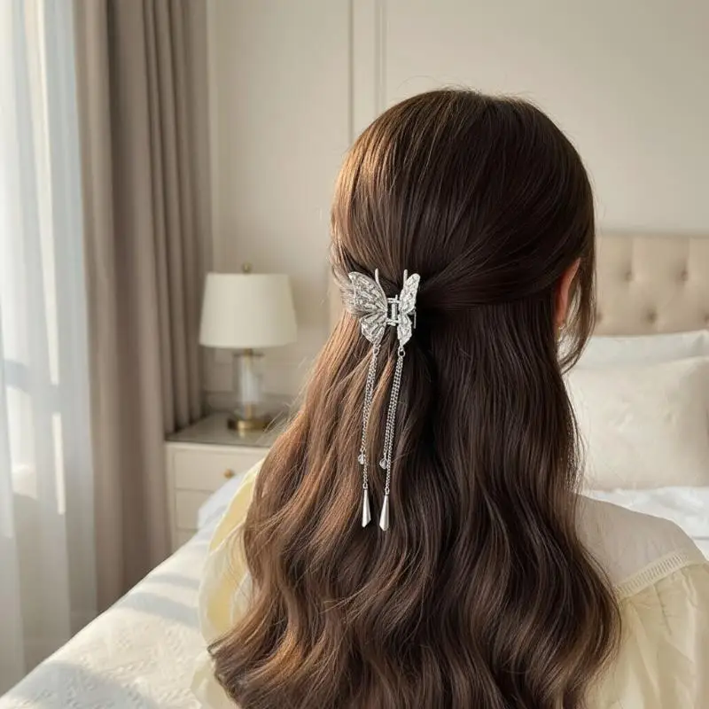 Shiny Butterfly Hair Claw Clips Rhinestone Decor Vintage Long Chain for Women Girls Secure Grip for Daily Office Use