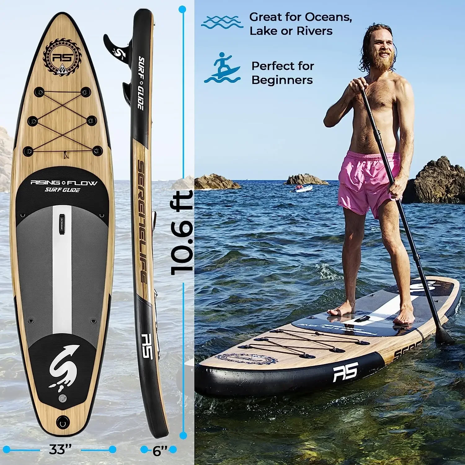6-inch-thick SereneLife Inflatable Stand-Up Paddle Board with Premium SUP Attachments and Wooden Carry Bag