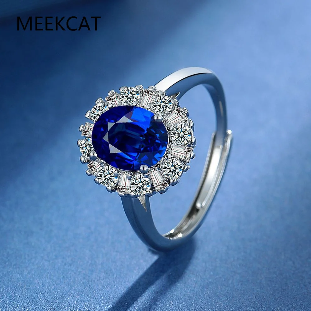 

925 Sterling Silver Sparkling 7*9mm Blue Sapphire High Carbon Diamond Gemstone Ring Engagement Party Fine Jewelry Wholesale