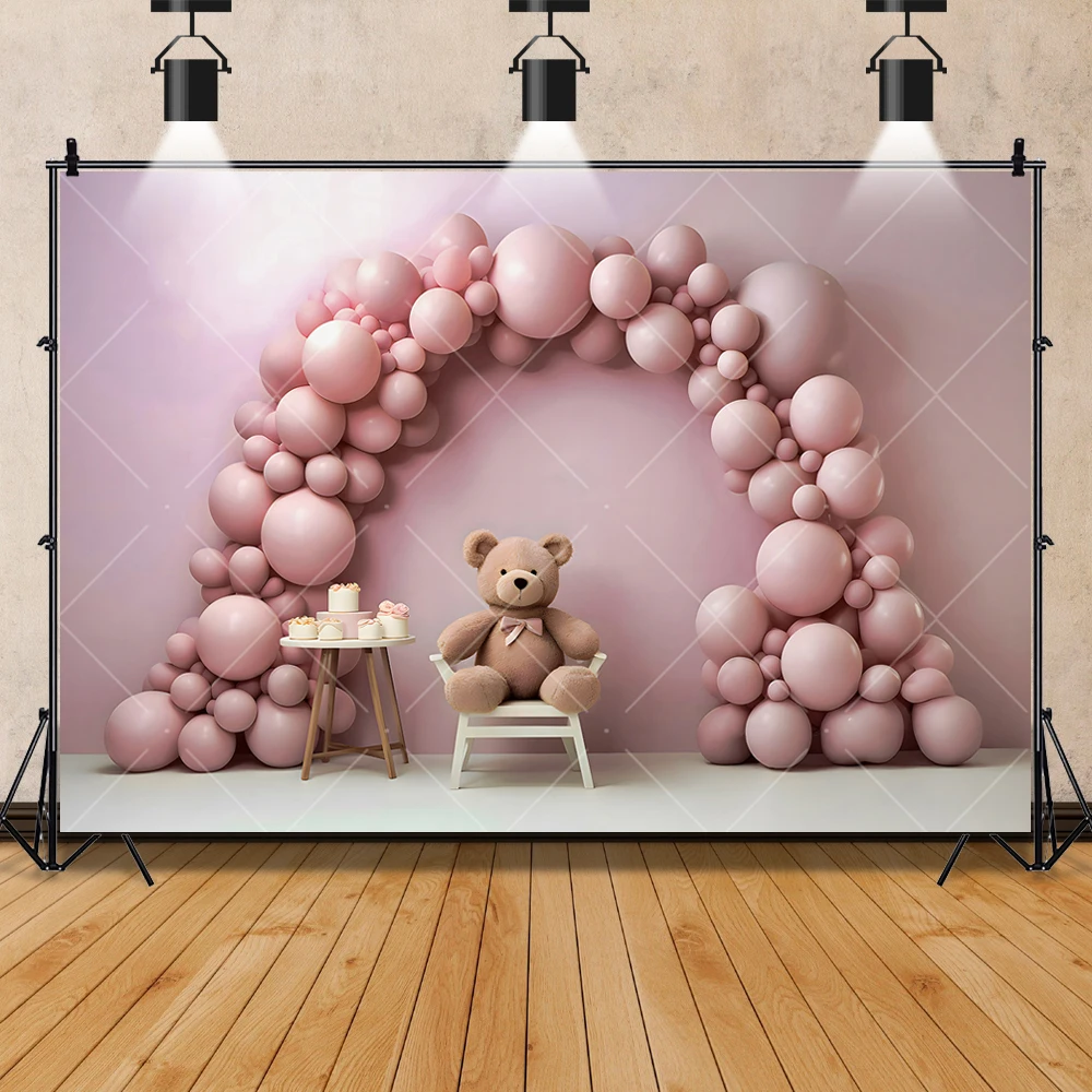 Cute Teddy Bears Photography Background Custom Ball Pink Flowers Birthday Party Decor Banner Kids Portrait Photography Backdrops