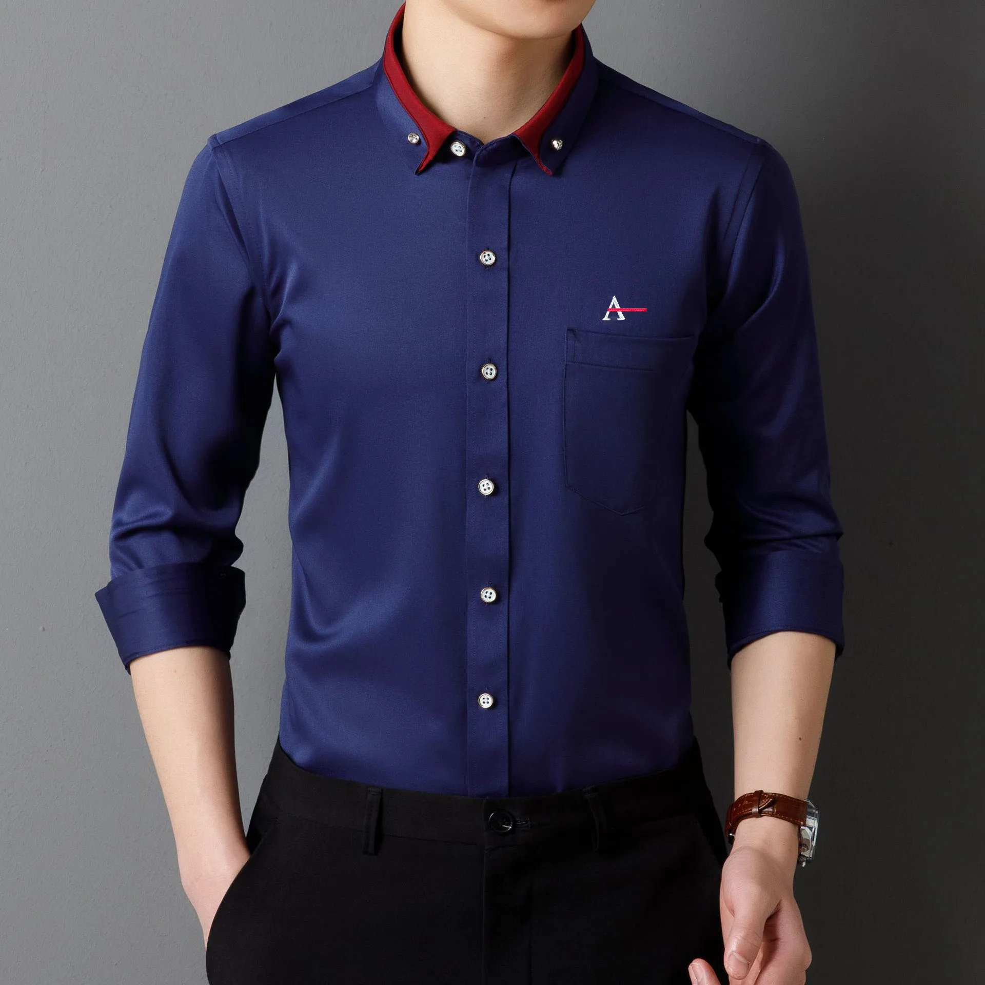 2026 Men's Camisa Elastic Non-iron Long-sleeved Business Shirts Diamond Button Single Pocket Comfort Workwear Clothes view 2