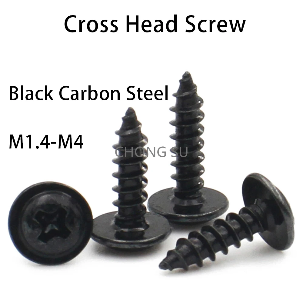 

50-200pcs Mini Black Carbon Steel M1.4 M1.7 M2 M2.5 M3 M3.5 M4 Phillips PWA Cross Round Head Self Tapping Screws with Washer