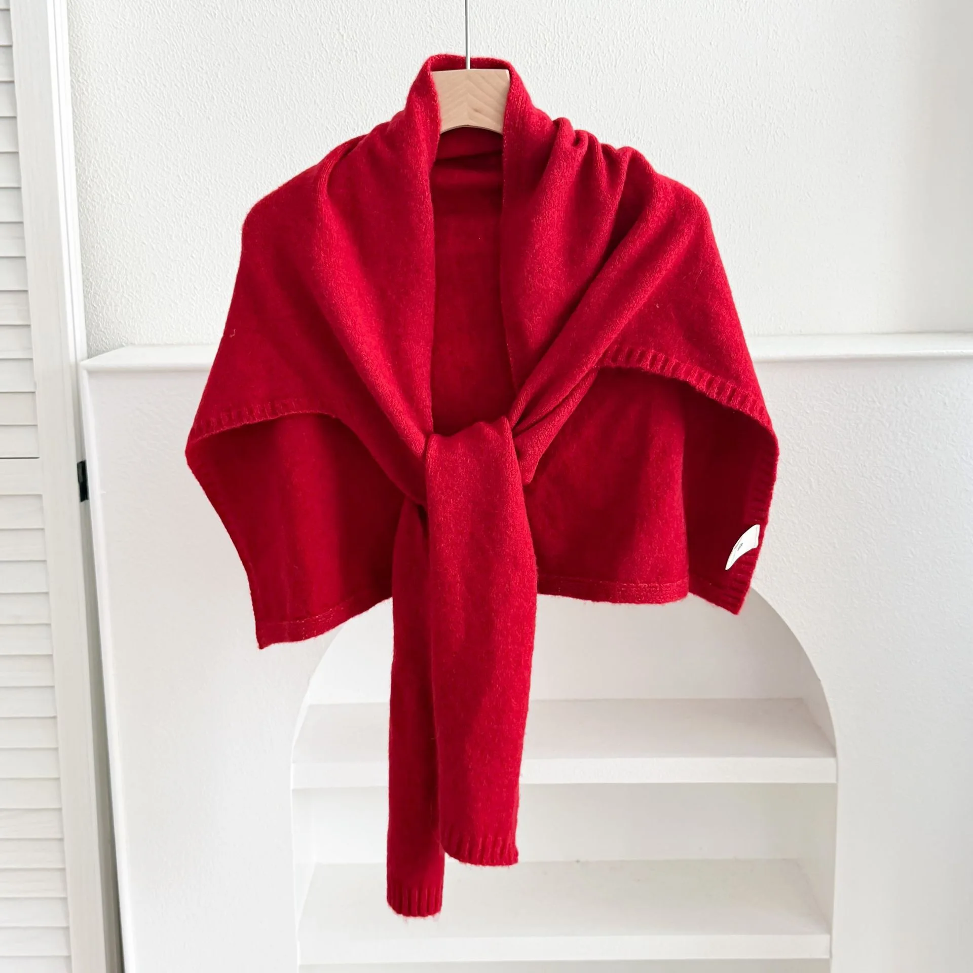 Scarf Women Wool Blend Knitted T shaped Shawl Wrap Cape Winter Autumn Warm Outerwear Tie Shoulder Scarf for Commute Matching