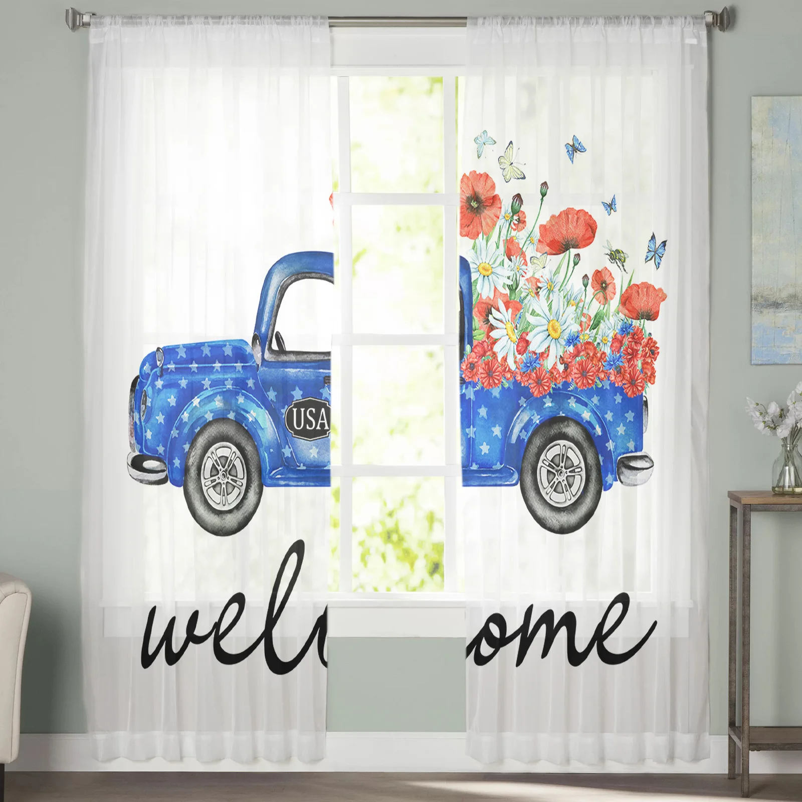 Spring Farmhouse Blue Truck Butterfly Tulle Curtains for Bedroom Home Decor Living Room Kitchen Voile Curtains for Blind Drapes