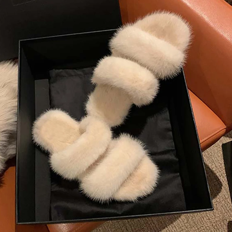 Black Beige Mink Fur double thick Strap Flat Slipper Peep Toe Women Skidproof sole Outfit comfortable Fur sandalias Shoes