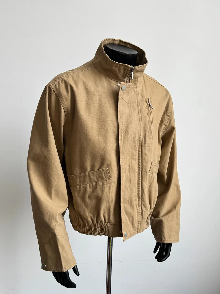 

Мужская бейсбольная куртка цвета хаки с воротником-стойкой, в американском ретро-стиле, приталенная, в стиле Детройт, весна-осень, молодежная, из полиэстера