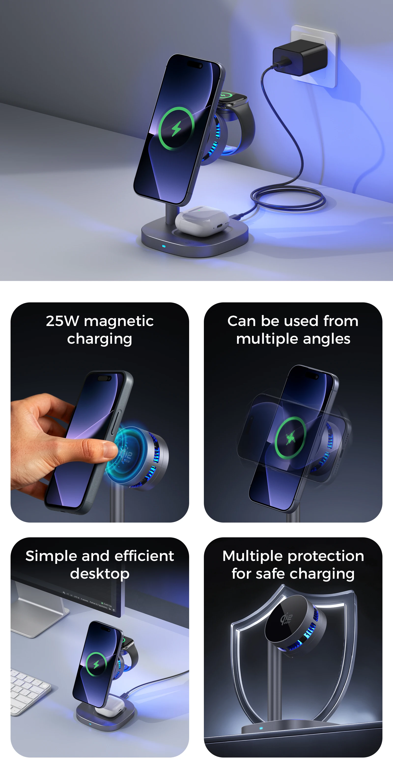 Qi2.2 25W TEC Stand Wireless Charger 3in1 Cooling Magnetic Charging Station for iPhone Sumsung iWatch Airpods