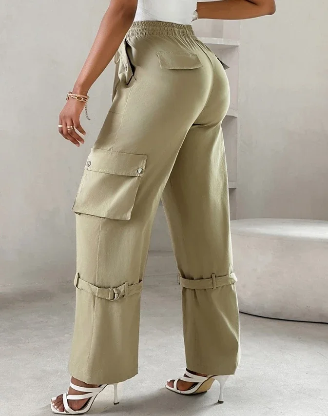 Calça longa casual feminina, verão, botão de pressão, fivela, cordão, calça cargo, temperamento, pendulares, cintura alta, moda, 2024