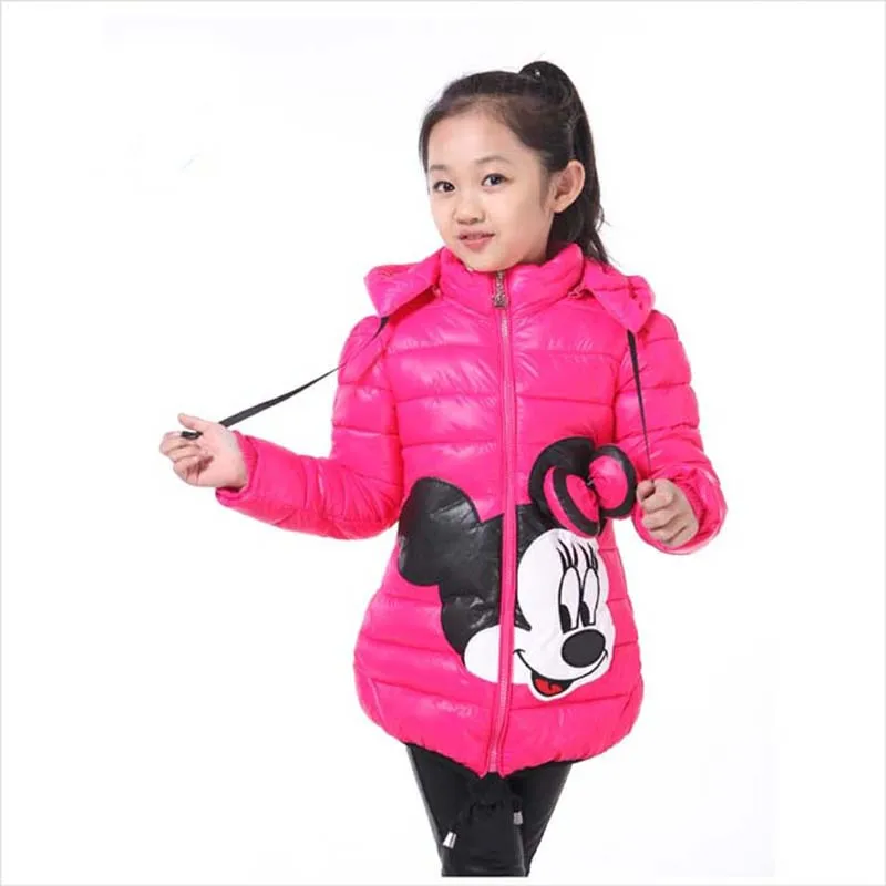 Disney Mickey Mouse Girls 2024 Winter Jacket Kids Cartoon Minnie Hooded Zipper Cotton-Padded Parka Children\'s Clothing Outerwear