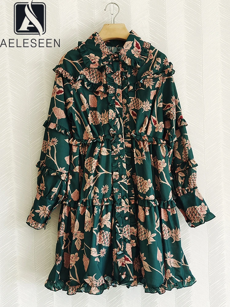 

AELESEEN Fashion Designer 2022 Spring Summer Green Ruffles Loose Flowers Printed Edible Tree Fungus Elegant Holiday Vacation