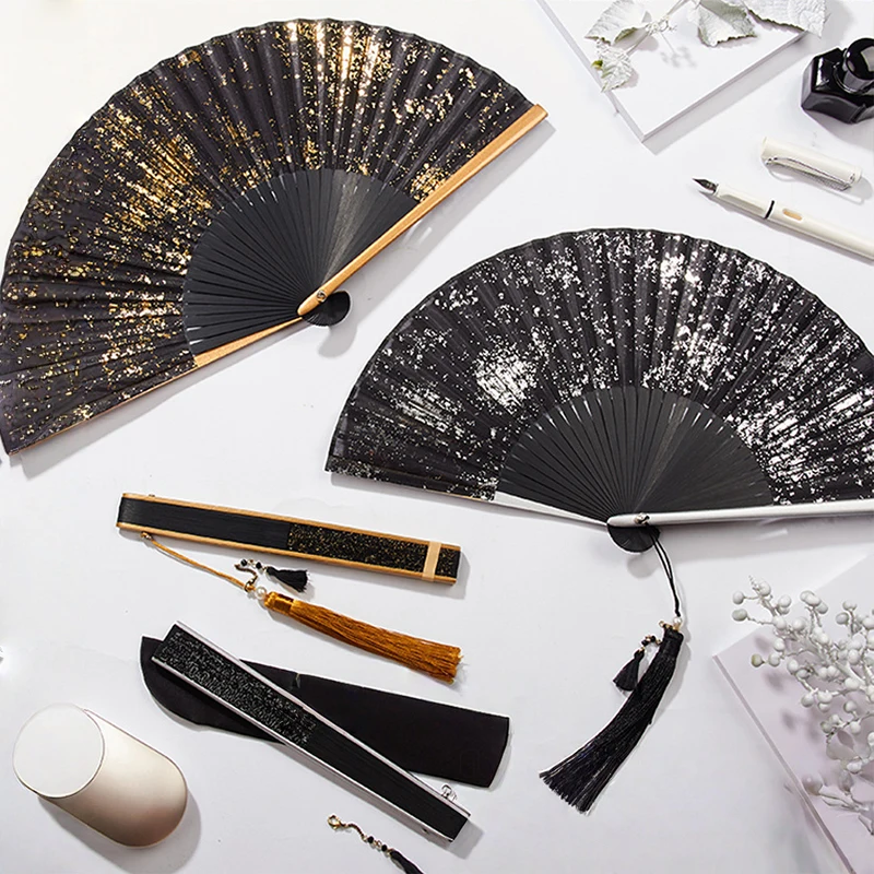 

Ancient Style Black Folding Fan Gold-Sprinkled Silver-Sprinkled Handfan Hanfu Cheongsam Classical Matching Chinese Dancing Fan