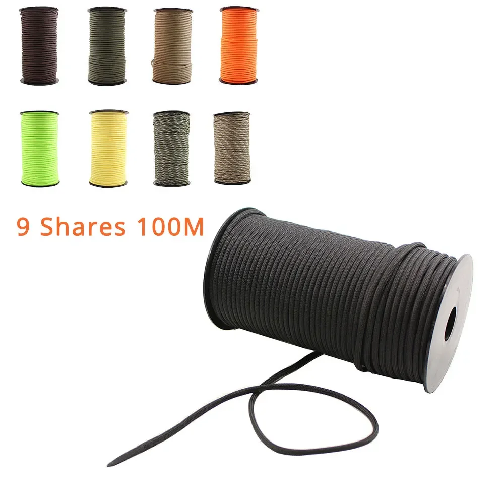 100M 550 Standard 9-Core Paracord Rope 4mm Outdoor Parachute Cord 9 Shares Camping Survival Rescue Rope Tent Tied Strap