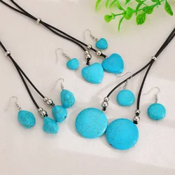 Turquoise Stone Heart Pendant Necklace Earring Set Charming Love Heart Shape Pendant Brown Leather Necklace Earrings Set