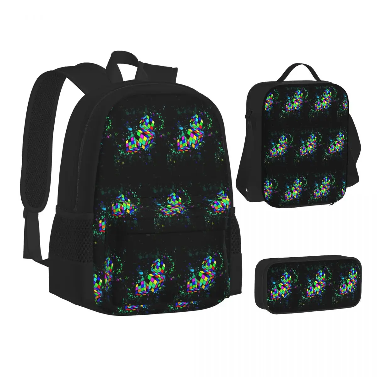 Rubix Rubiks Rubics Backpacks Students Bookbag School Bags Kids Rucksack Lunch Bag Pen Bag Three-Piece Set