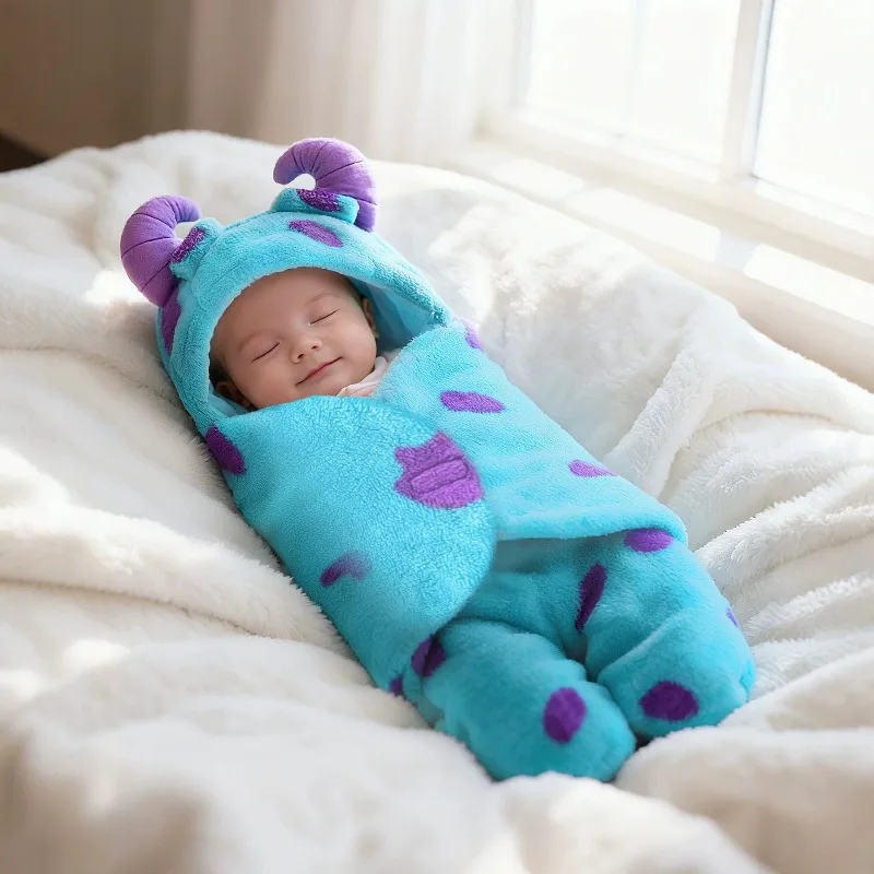 Newborn Blue Monster Romper Fleece Hooded Footed Jumpsuit with Purple Horns and Spots Cute Warm Winter Outfit for Infant 0 24M
