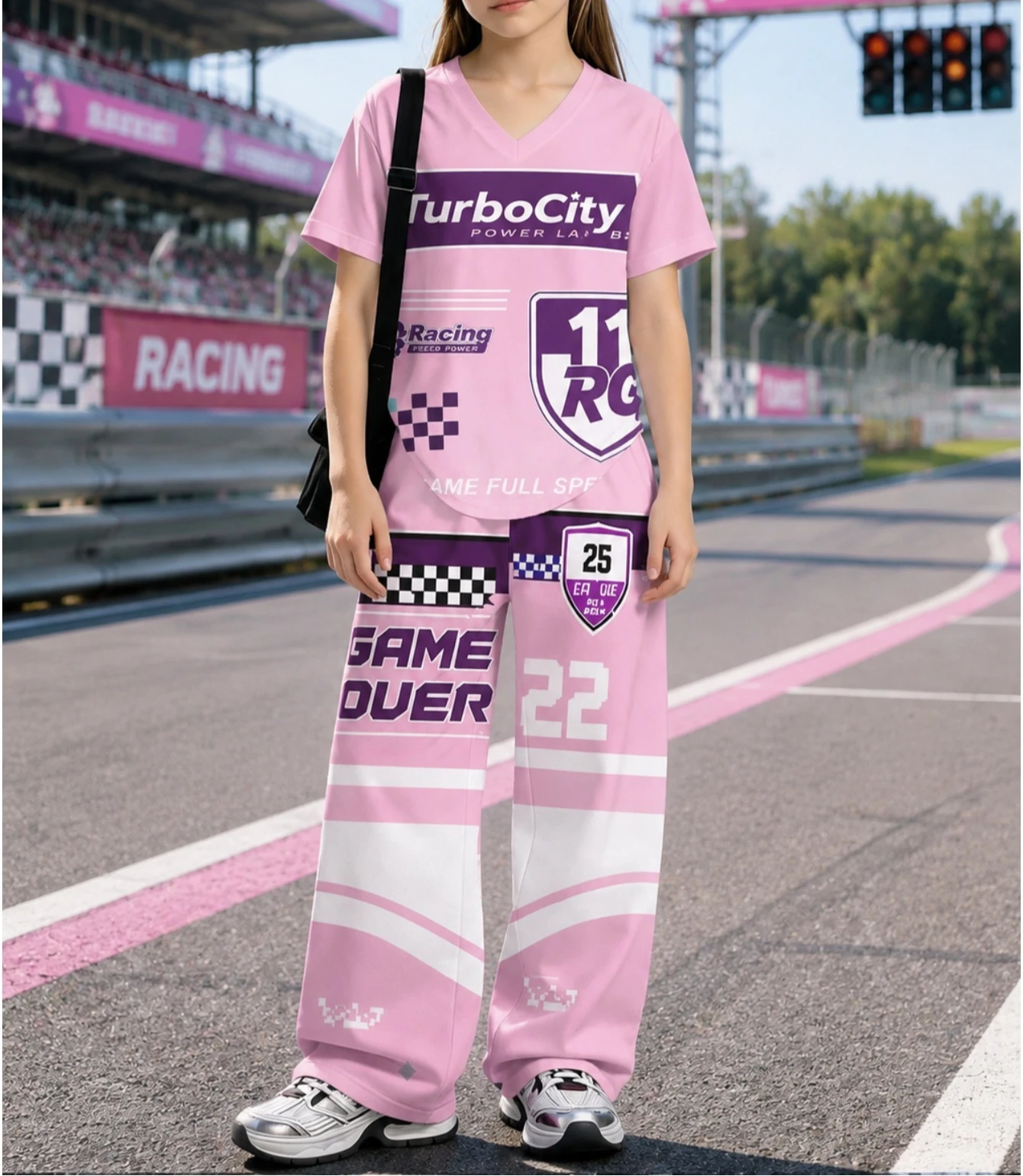 Sweet Girl Racing Driver Outfit! Checkerboard Children's Adult Jersey Parent-child Loose T-shirt Long Pants Quick Drying Set