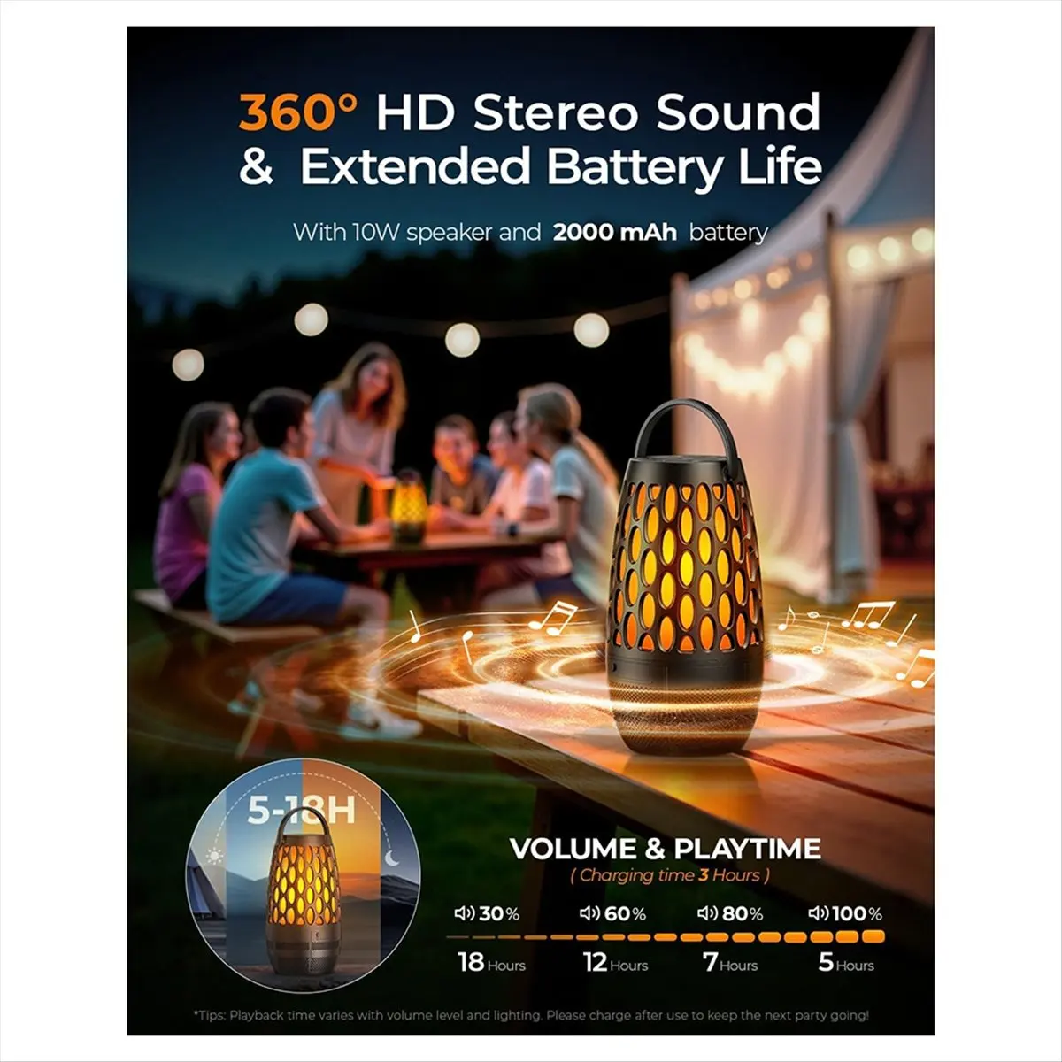 

Уличные колонки Bluetooth Водонепроницаемые IPX6 с пламенной подсветкой, портативный беспроводной динамик для патио, кафе, декора, вечеринки