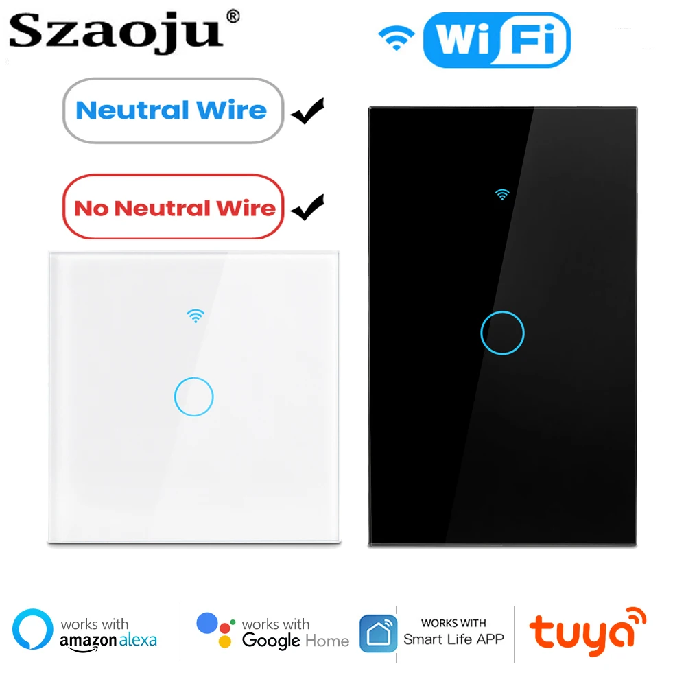 Tuya WiFi Smart Light Switch No Neutral Wire Required Wall Touch Switch US Smart Life Work with Alexa Google Home 1/2/3Gang