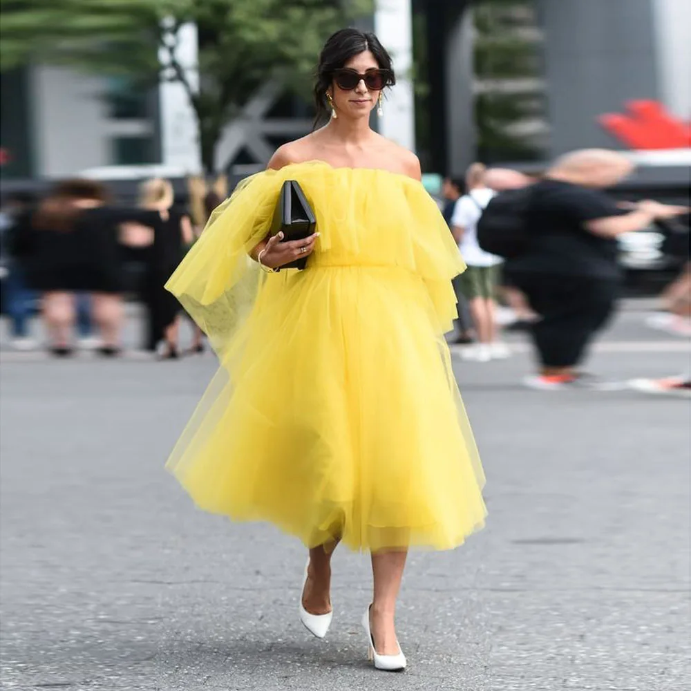 High Street Yellow Tulle Mid Calf Maxi Dresses Pretty Off The Shoulder Tutu Tulle A-line Women Engagement Dresses