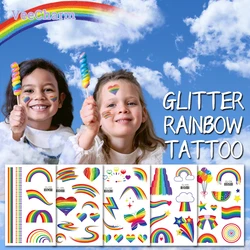 VeeCharm - Glitter Rainbow Temporary Tattoo Stickers, Butterfly Flower Heart Love, Pride Festivals & Celebrations, 1/15 Sheet