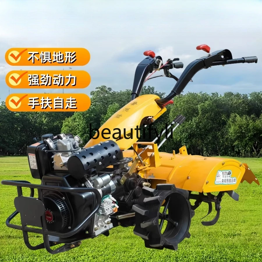 Four-wheel drive micro-tiller directly connected to agricultural diesel rotary tiller trenching ridges weeding backfill