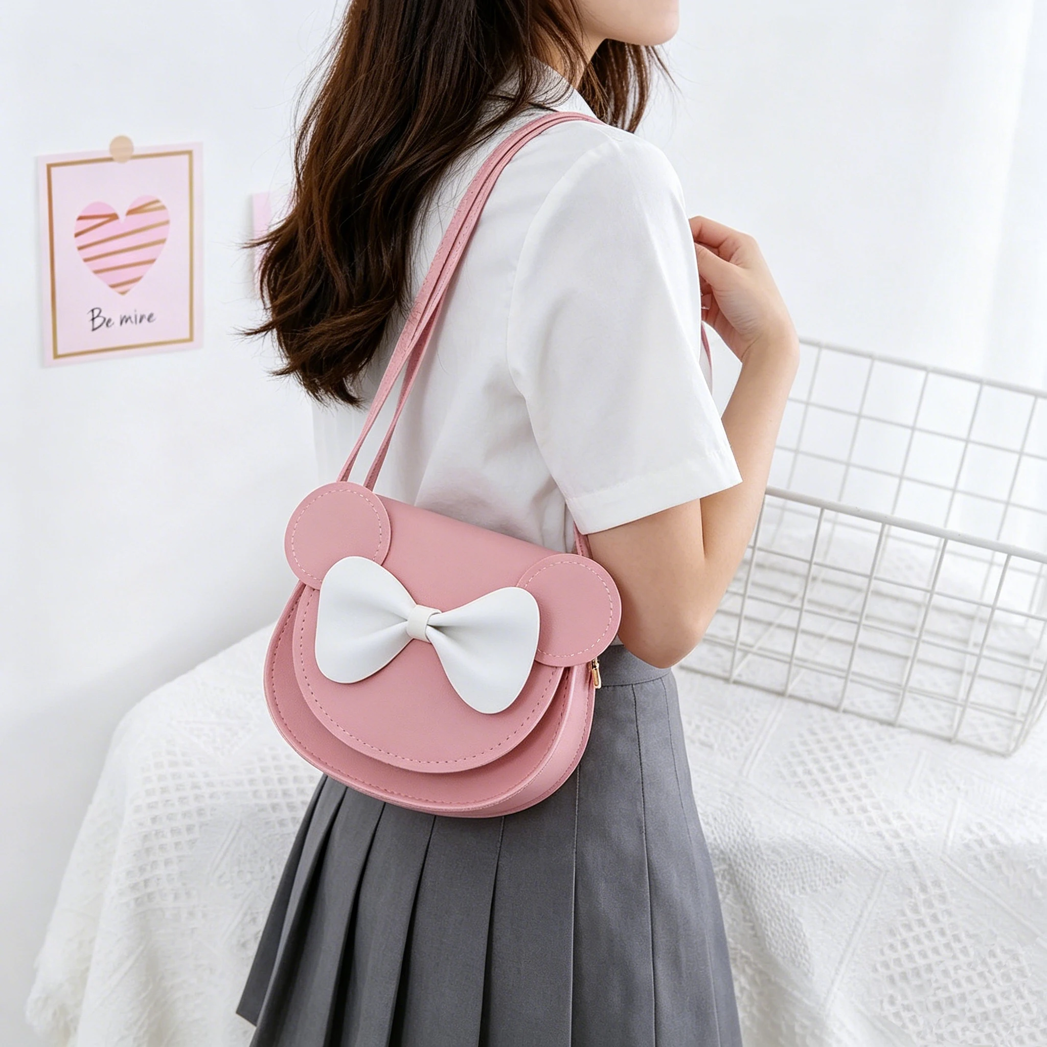 Mini bolsa de ombro elegante, bolsa rígida com orelhas de rato e laço, adequada para meninas, linda princesa K